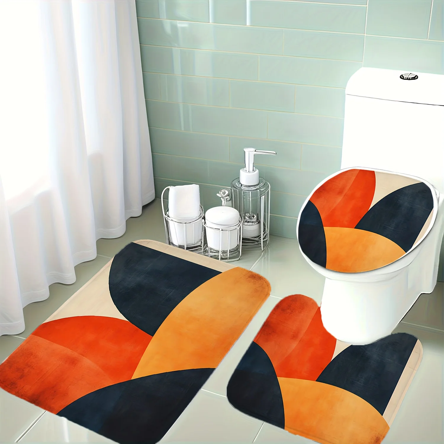 

3pcs Modern Geometric Bathroom Rug Set - Non-Slip Soft with Toilet Lid Cover & U-Shaped Mat, Orange/Red/Black/Beige/White Luxury