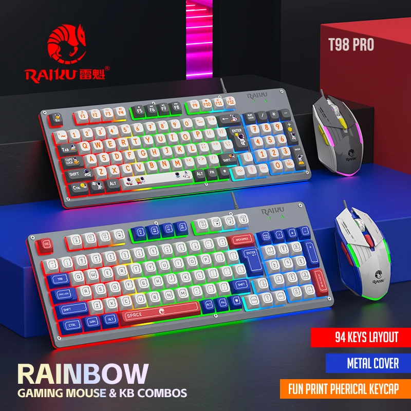 

Mecha Style Gaming Wired Keyboard Mouse Set Rainbow Glow Backlit 98 Keys Metal Panel Laptop Desktop