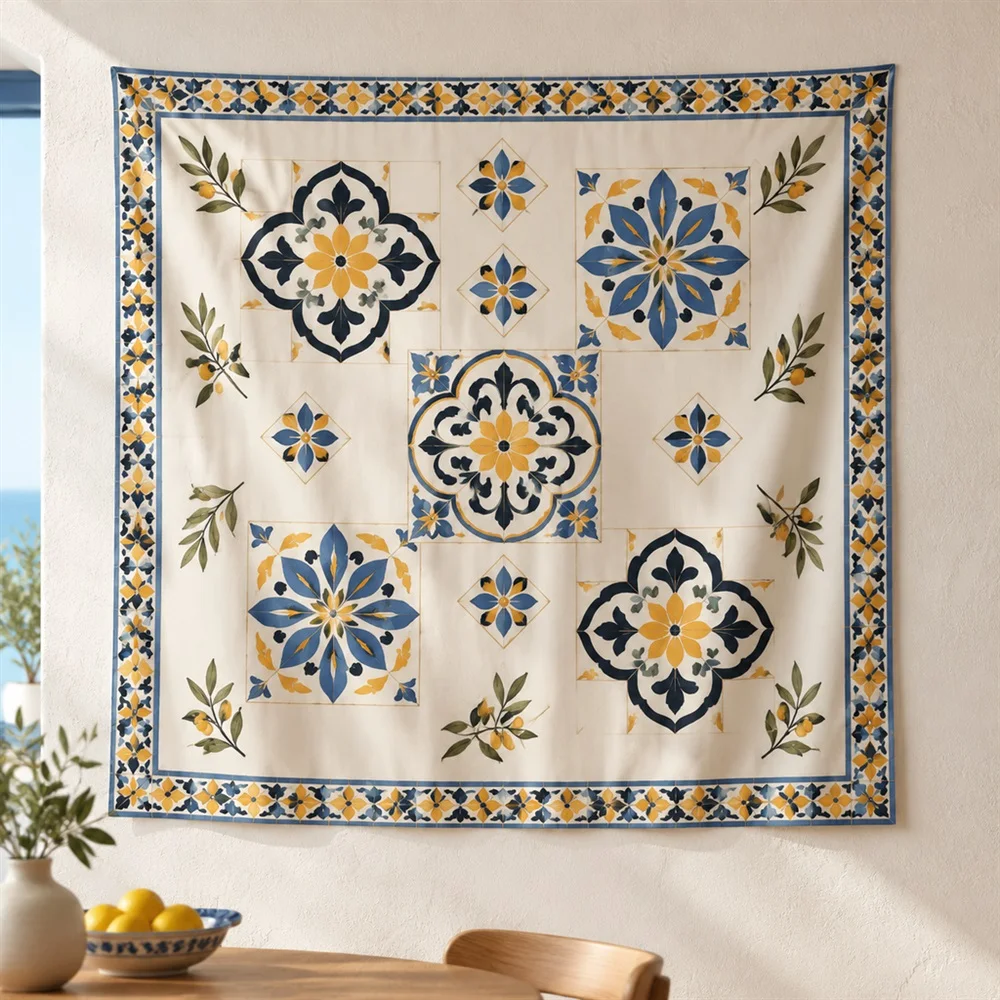 VIKAMA Mosaic Tile Pattern Clustered Groups Tapestry Wall Hanging, Mediterranean Wall Decor Tapestries for Living Room Bedroom