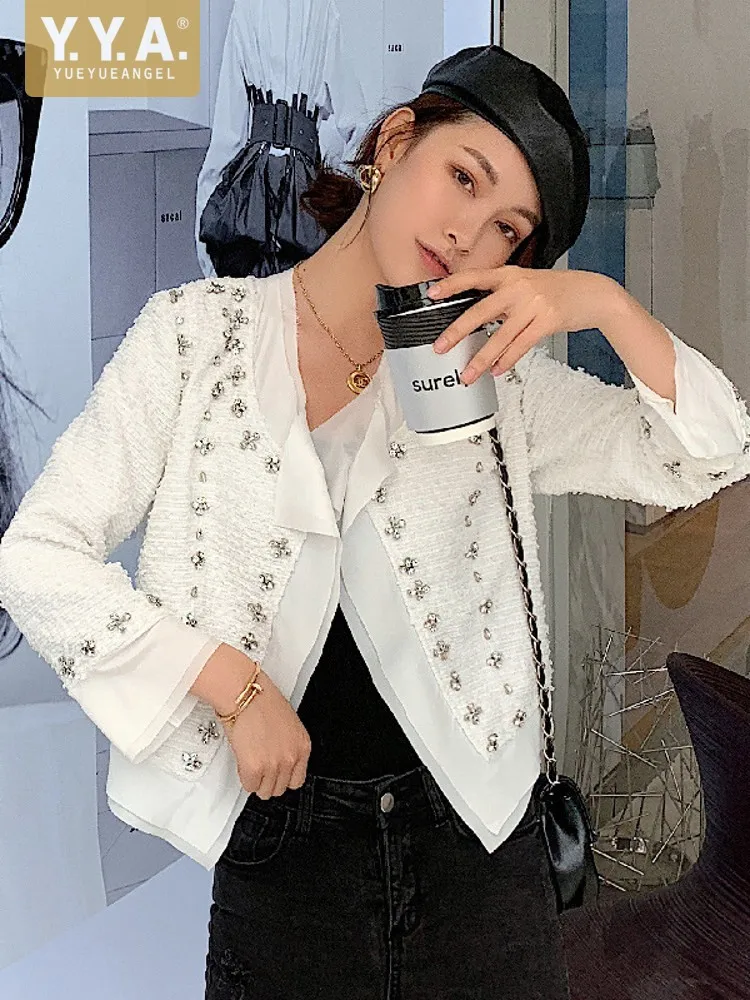 Fashion Women Shiny Diamonds Cardigan Jacket V Neck Spliced Office Lady Slim Fit Coat Spring Elegant Crystal White Tweed Jacket