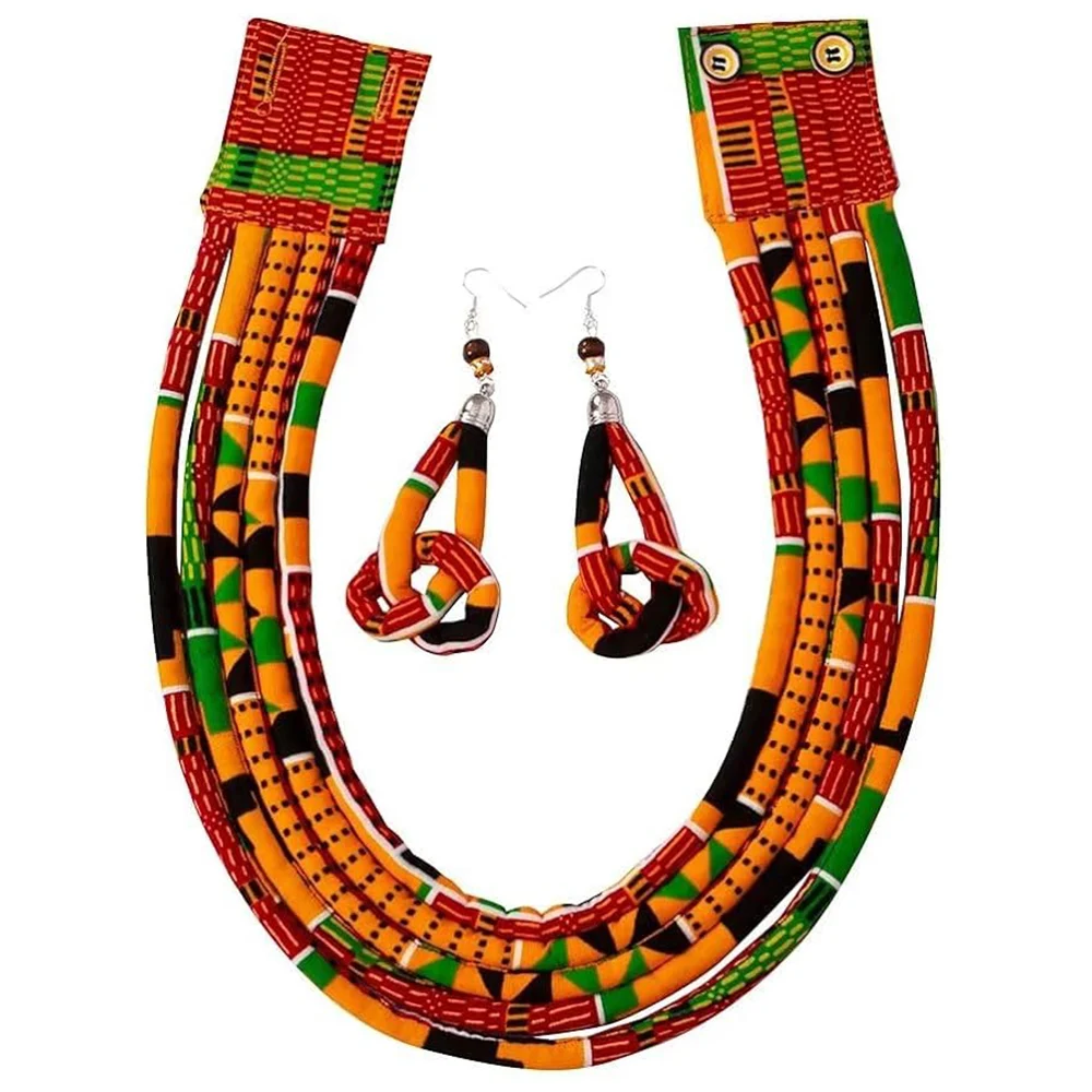 

BintaRealWax African Necklace Earrings Set Ankara Fabric Print Multilayer Woven Rope Choker Layered Strand Collar Wyb786