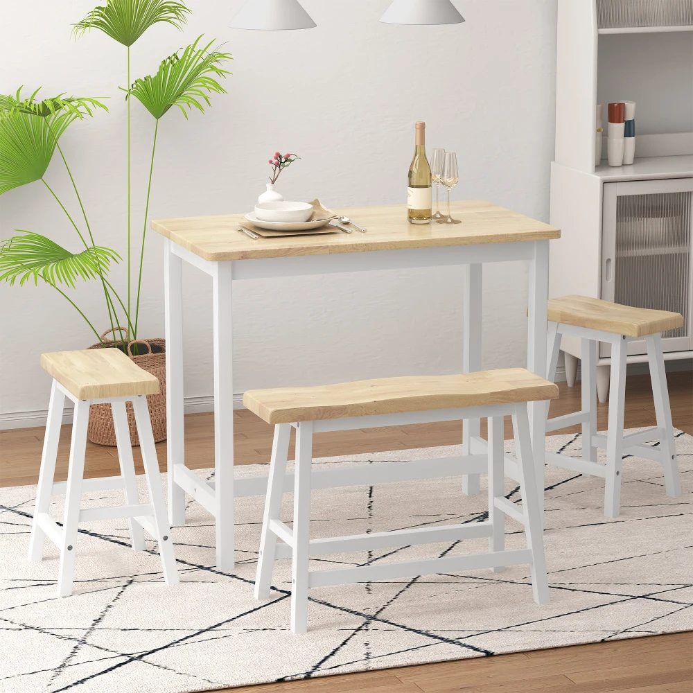 

Modern Bar Dining Table Set for 4 All Rubber Wood Kitchen Bistro Counter Height Table Bench Stool