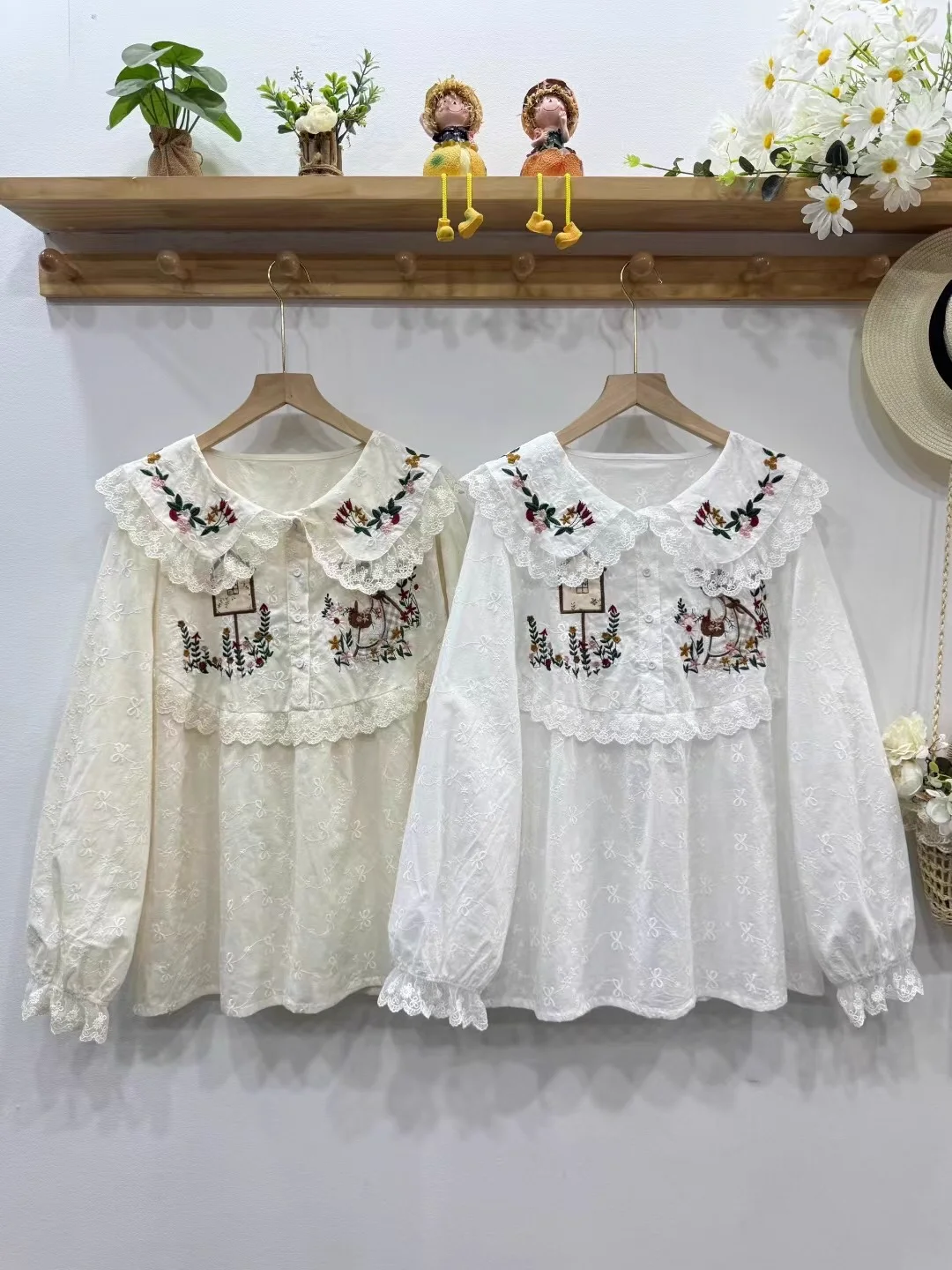 

Mori kei clothing Japanese retro lace embroider patchwork shirts and blouses sweet lolita clothing long sleeve shirt for women