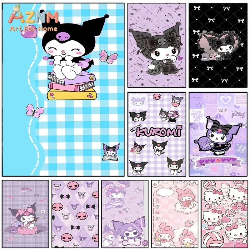 Sanrio Kuromi Blue Gingham Book Stack Canvas Wall Print No Frame Cute Cartoon Devil Character Butterfly Pastel Girly Kids Bedroo