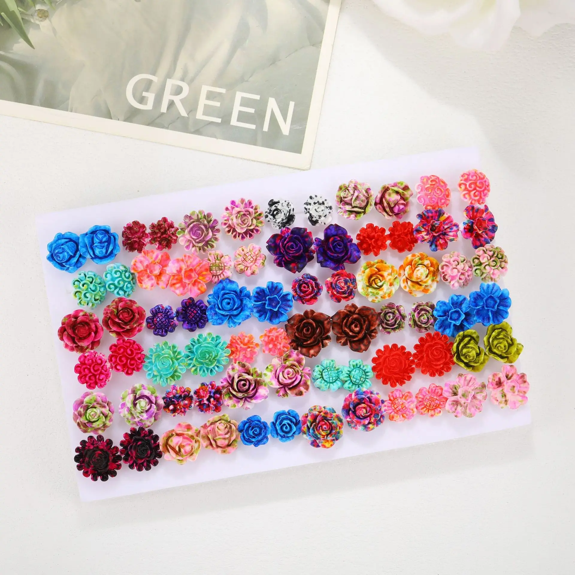 Juego de pendientes de flores de resina para niñas, aretes de moda, personalizados y versátiles, venta al por mayor, 36 pares, nuevo, superventas