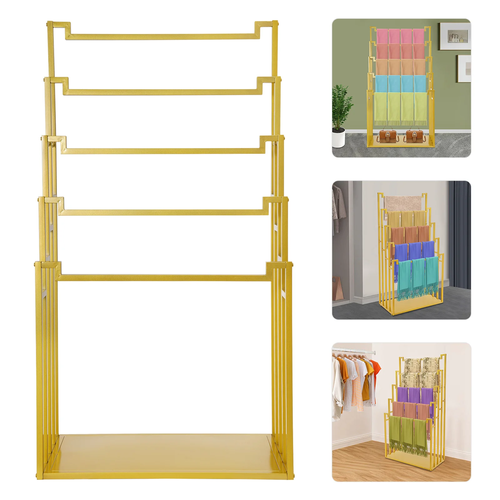 

5-Tier Scarf Iron Holder Organizer,Gold Freestanding Scarf Display Stand 80*40*150cm Wipe With Soft Cloth for Clothing Stores