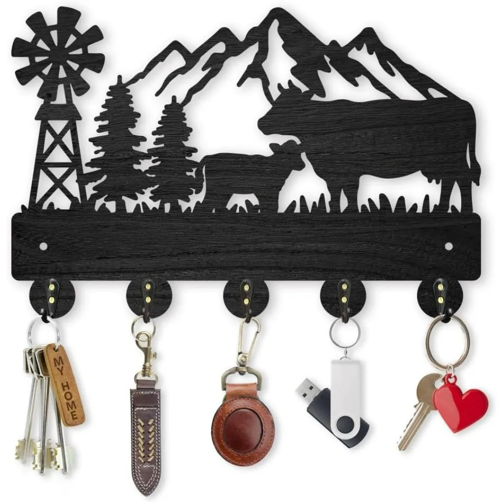 Cow Calf Coat Hooks Wall Mount Farmhouse Windmill Wood Key Holder for Wall 11.8×7.9inch Black Mountain Tree Wall Art Decor Key