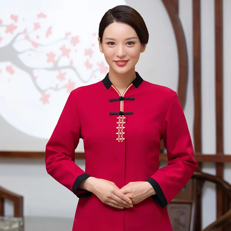 Uniformes de trabalho do hotel outono inverno feminino pote quente restaurante churrasco casa chá estilo chinês garçom manga longa unisex