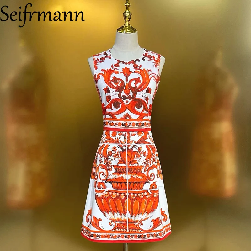 Seifrmann Lässiges bedrucktes Baumwoll-Westenkleid mit Rundhalsausschnitt, ärmelloses Taillenkleid, Sommer 2026, neuer Damen-Stil