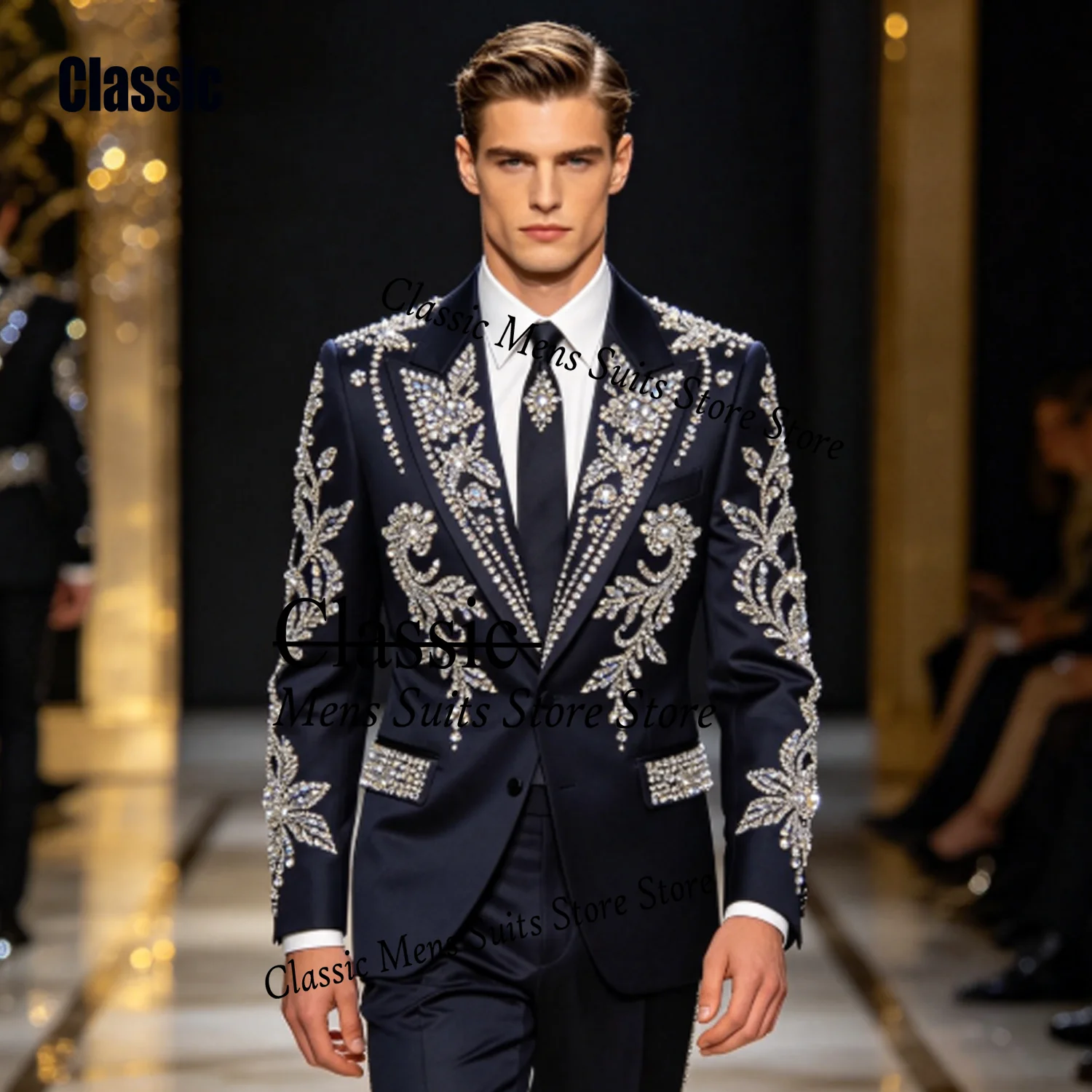 

High Quality Sequin Crystal For Men Suit Customized Jewelry 2 Pieces Groom Male Blazers Ropa hombre Fashion Slim Evening Tuxedos