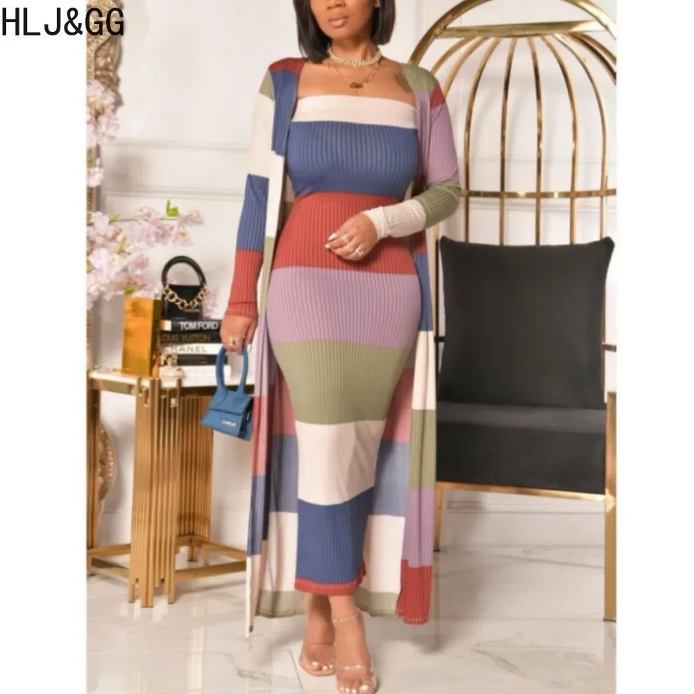 

HLJ&GG Autumn Winter Casual Multicolour Bodycon Dresses Women Off Shoulder Slim Mid Dress and Long Sleeve Cardigan 2pcs Outfits