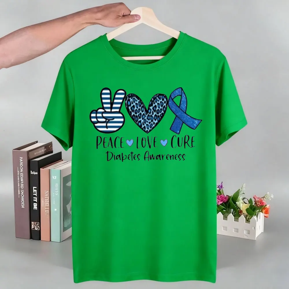 مرض السكري الوعي قميص مرض السكري قميص السلام الحب علاج القمم للجنسين النساء الرجال المحملة تي شيرت مطبوع قصيرة الأكمام النساء الملابس