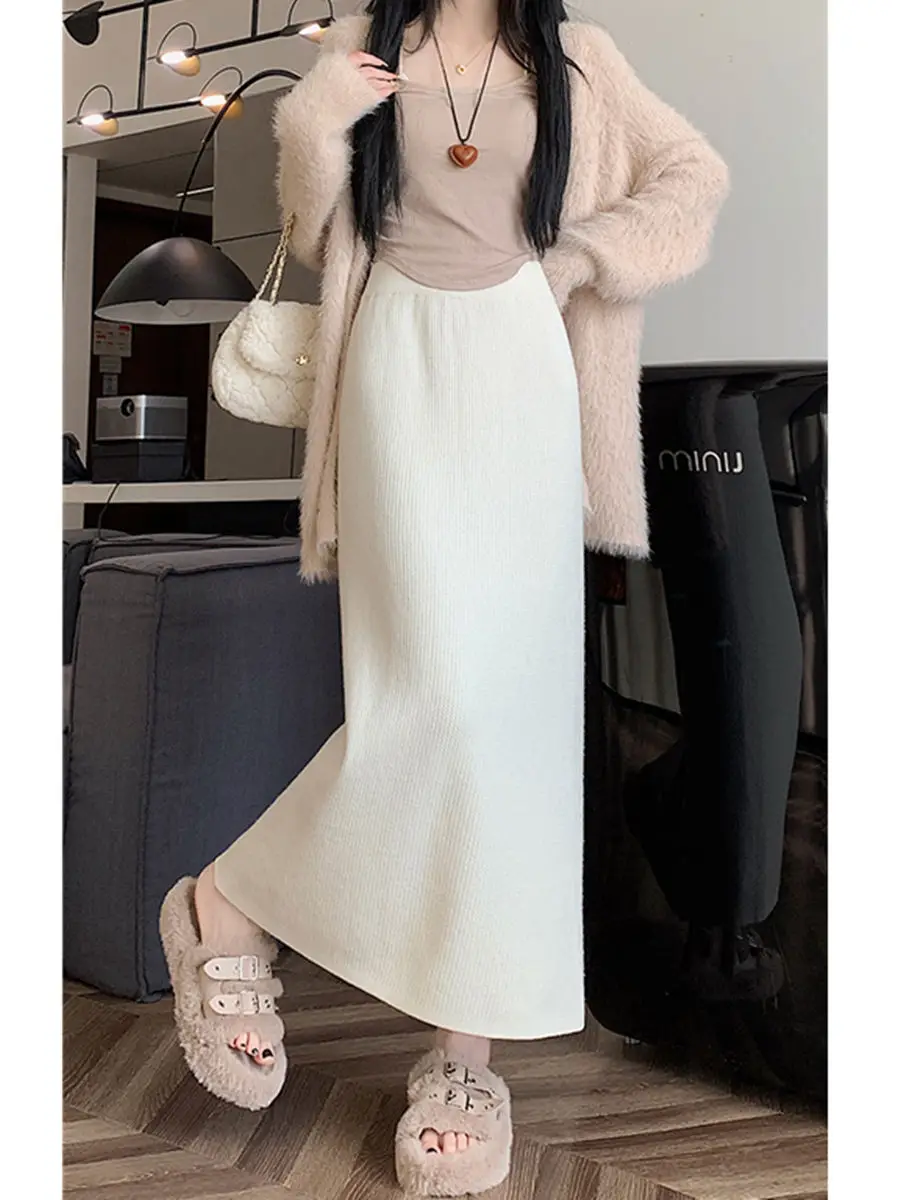 

Cashmere Thick Knitted Skirt Women's New Autumn and Winter 2024 High Waist Slit A-Line Mid-length Skirt Elegant Ladies LJ231