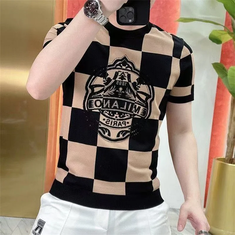 

2025 Men's summer short sleeve T-shirt fashion trend round neck half sleeve black and white checkered short sleeve top