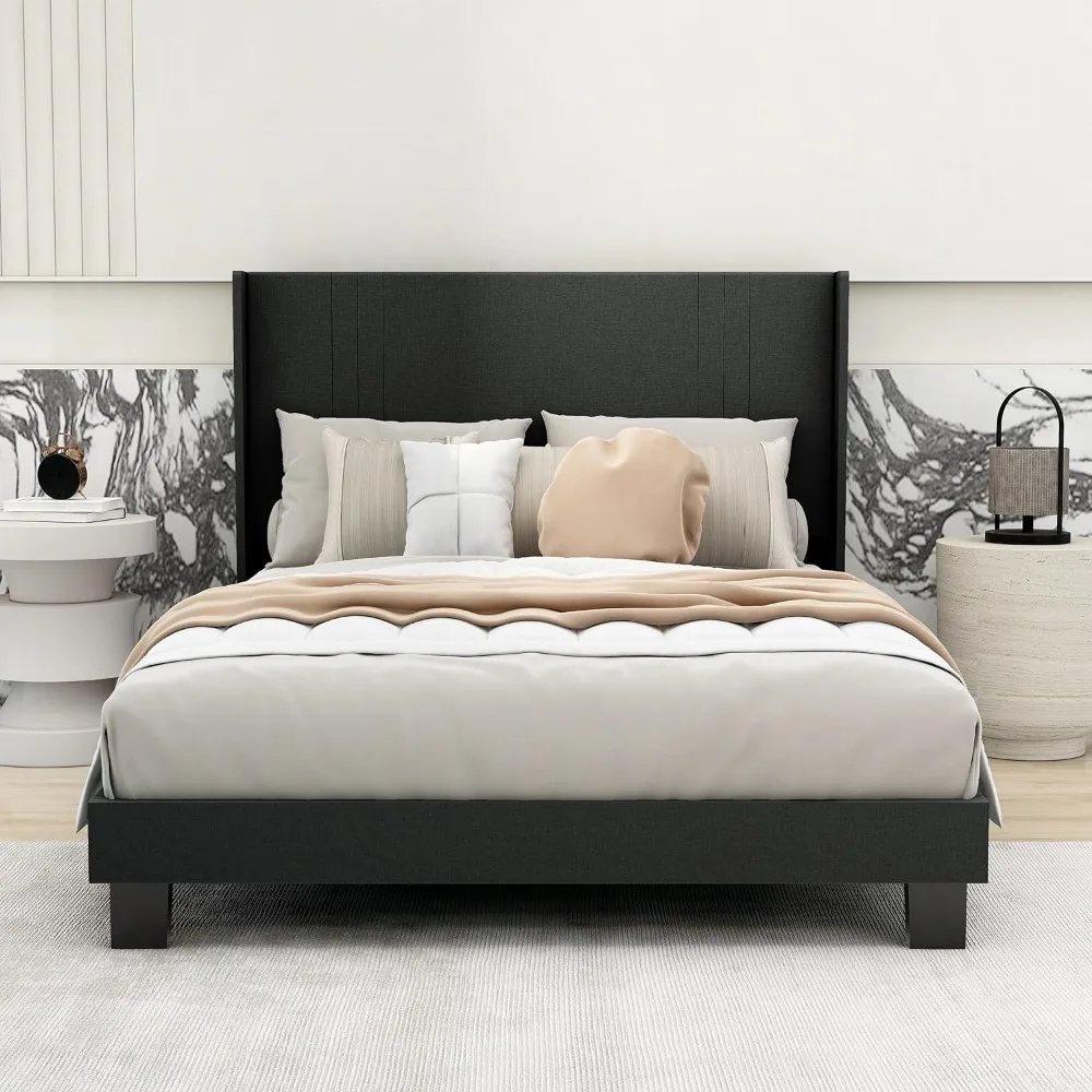 Upholstered Platform Full Size Bed Frame with Headboard Wooden Slats Support Easy Assembly No Box Spring Needed Black Linen