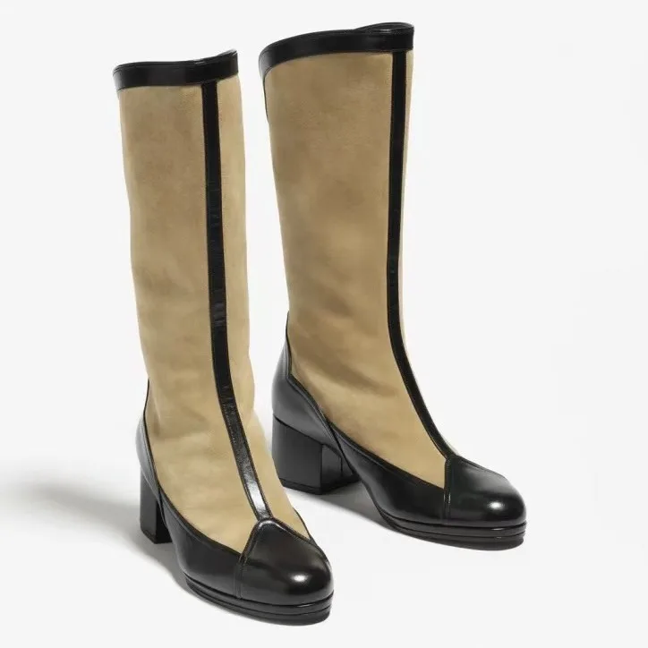 

New Autumn And Winter Women Low Heels Boots Luxury Designer Causal Dress Shoes Ladies Rear Zipper Color Blocked Banquet Boots