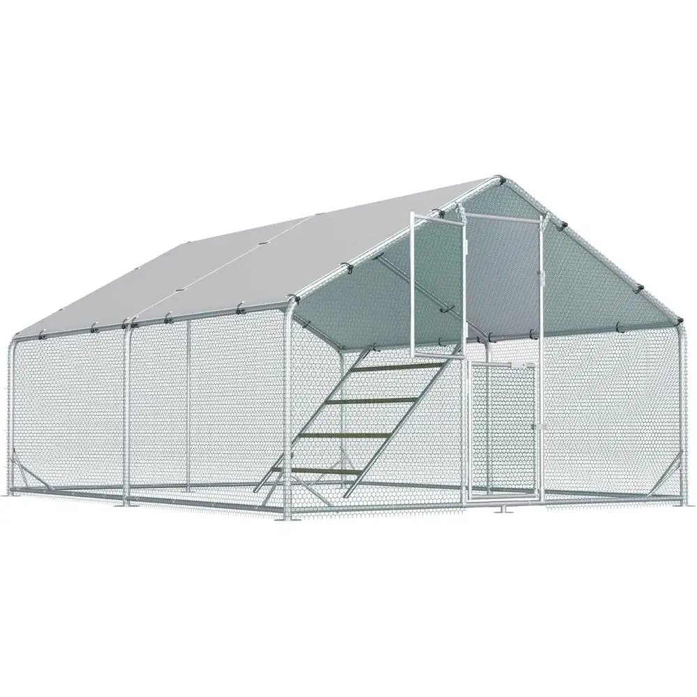

Walk-in Metal Chicken Coop, 10x13 ft with UV Cover, Split Feeding Door & Roosting Perch, Suitable for 10-20 Chickens