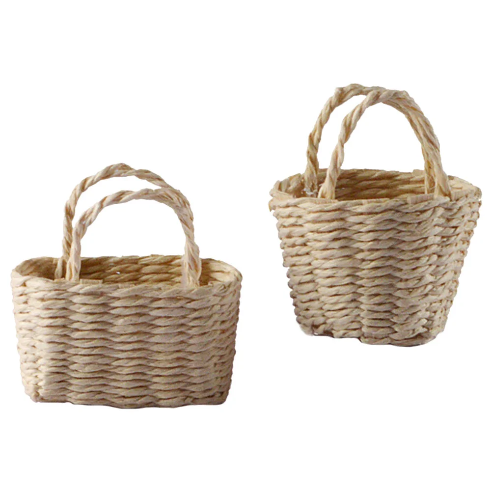 

2 Pcs House Flower Basket Mini Craft Baskets Baby Miniature Decoration Decors Bamboo Micro-scene Toys