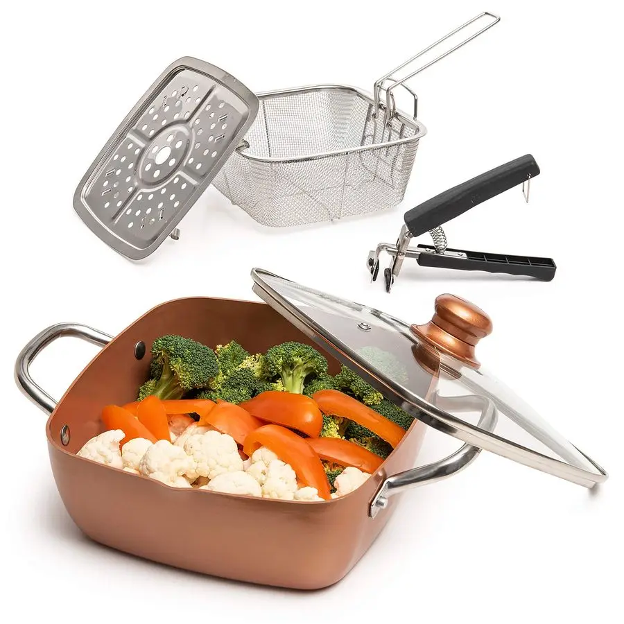 

5 Pcs Copper Chef Cookware Non Stick Deep Frying Pan, Fry Basket, Steamer Rack, Dishwasher amp Oven Safe, 5 Qt Deep Square Pan,