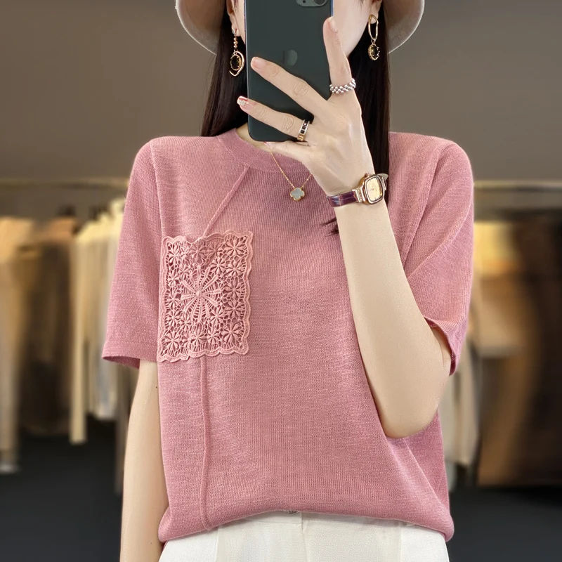 Summer Women\'s Sweater Short Sleeve Pullover Round Neck Bamboo Hemp Ice Silk New Jacquard Loose Knitted T-shirt Slim Fit Top 023