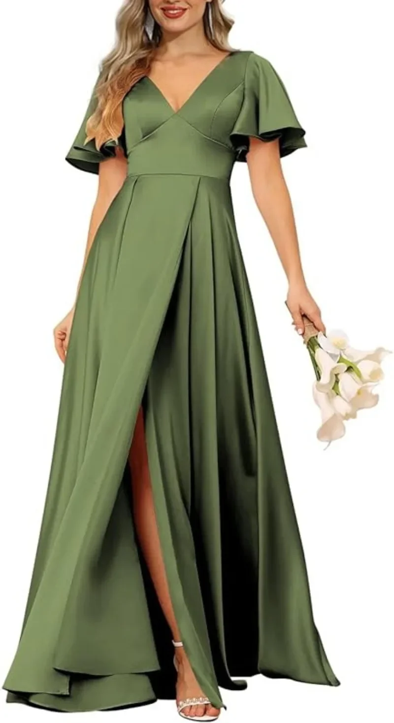 

Backless V-Neck New Long Bridesmaid Dresses latern Sleeves 2024 A-Line Split Formal Evening Dress for Women prom Party Gown