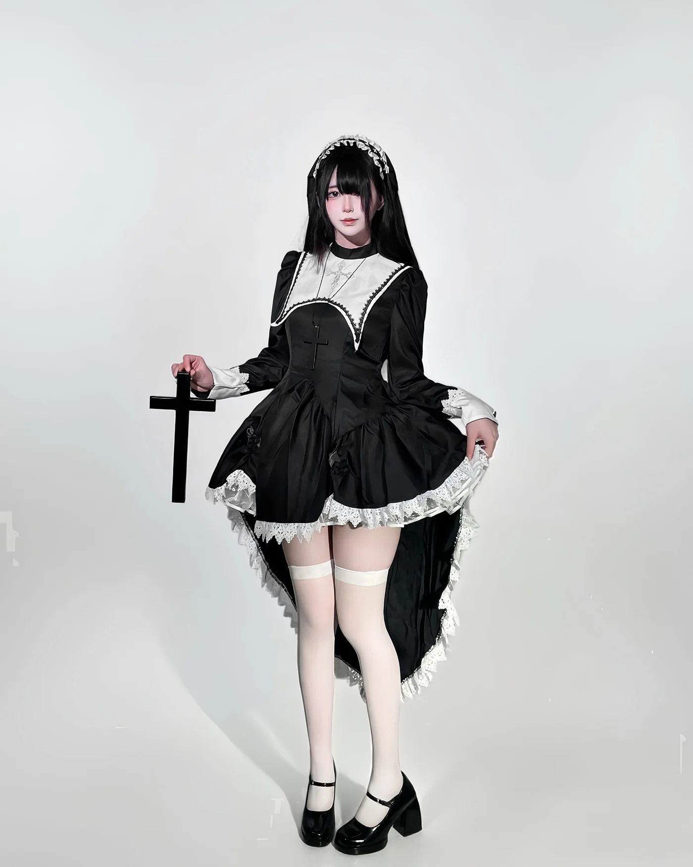 S -5XL Schwarzer Gothic Nonnenrock Cosplay Kostüm Karneval Mädchen Anime Kreuz Nonnenrock Beliebtes Party Halloween Y2k Schleppe Kleid 2025 – Detail 6