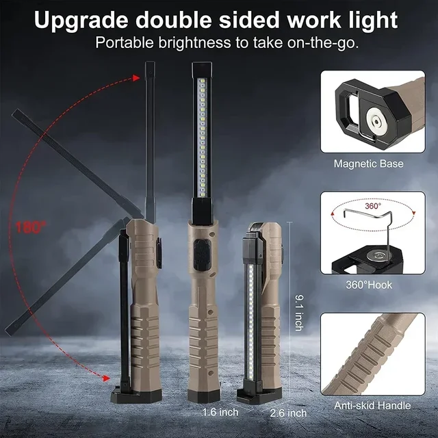 Folding COB XPE LED Work Light Flashlight USB Rechargeable Torch Magnetic Base & Hook, Emergency Car Inspection Lamp Red SOS 5