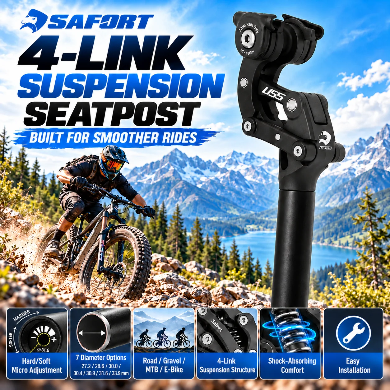 4-Link Suspension Seatpost, Adjustable Absorbing Bike Seat Post with Hard/Soft Micro Adjustment for Road Bike, MTB & E-Bike