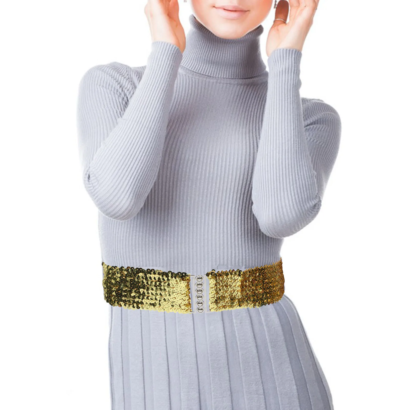 

2pcs Sparkly Glitter Sequin Wide Waist Belt Elastic Cinch Belt Shiny Stretchy Metal Buckle For Women Halloween 70S 80S Disco