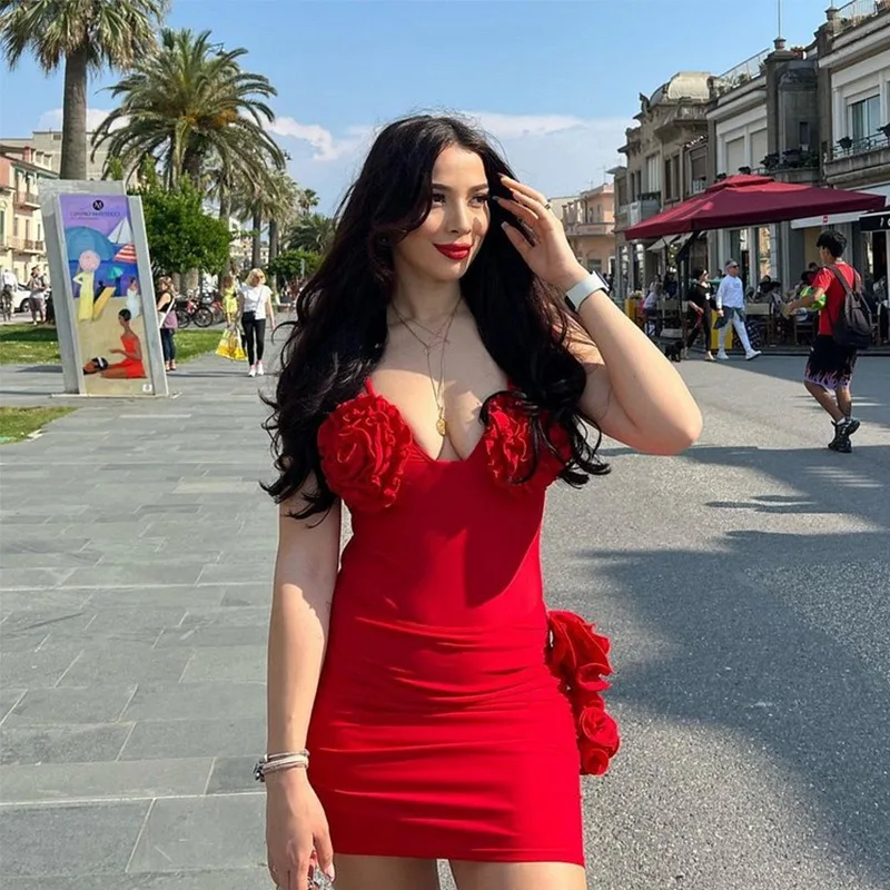 2025 European and American New One-piece Swimsuit Women's Red Flower Sexy Half Skirt Two-piece Swimsuit Set Micro Bikini