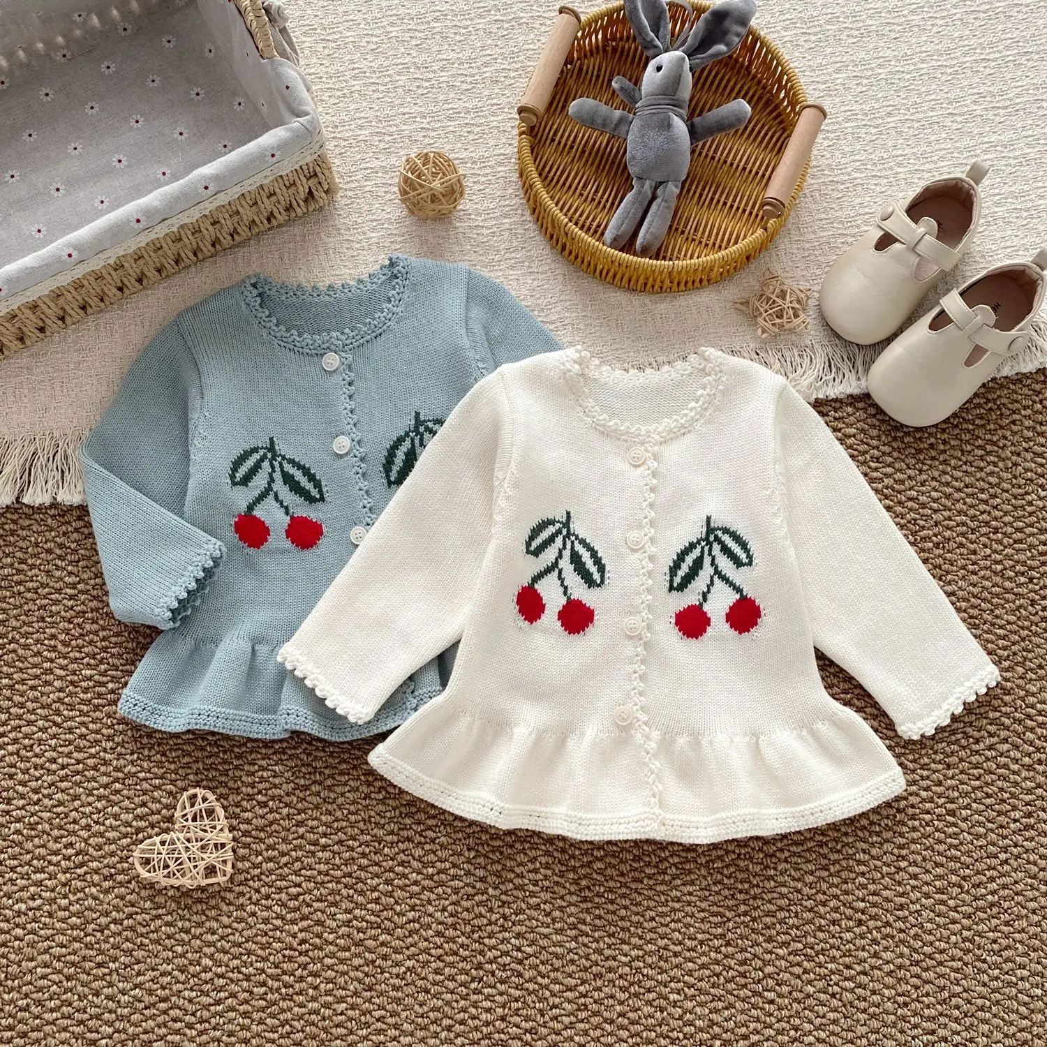2026 Autumn Kids Sweaters Cherry Embroidery Girls Knitwear Single Breast Ruffle Cardigans  Kids Knit Outfit