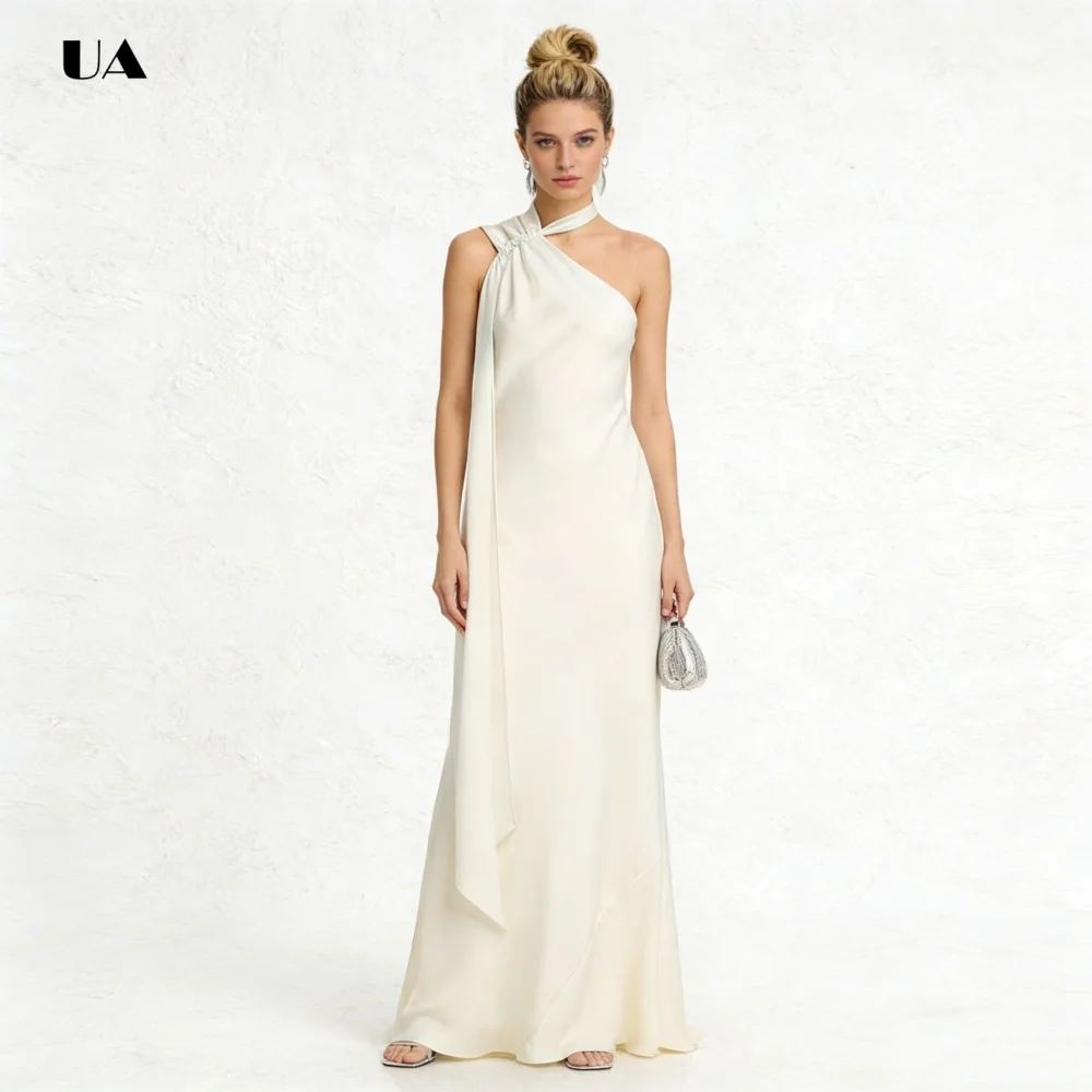 ULBYANRN Abito da ballo a trapezio senza maniche, abito da sera in raso solido con colletto a sciarpa, abito da festa personalizzato con dettagli drappeggiati