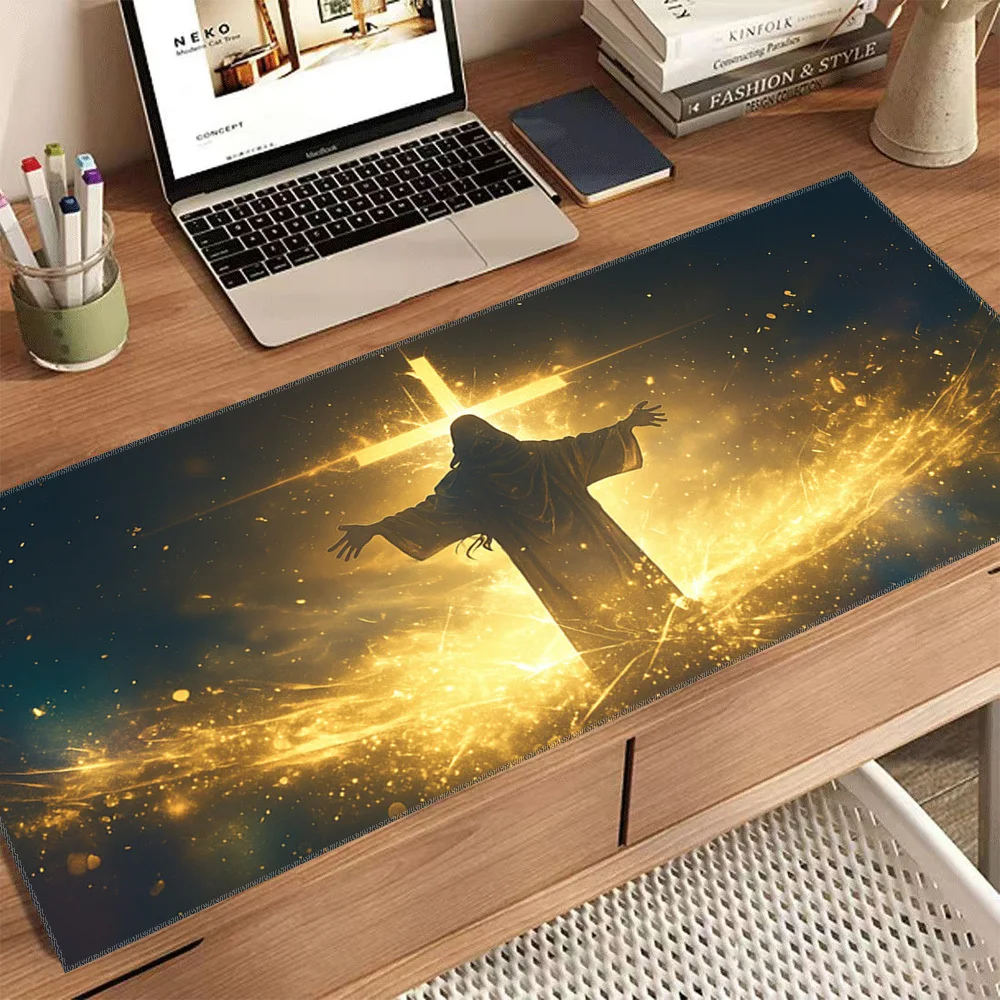 Golden Cross Jesus Figure Extra Large Gaming Mouse Pad Non-Slip Rubber Desk Mat for Office PC Gaming