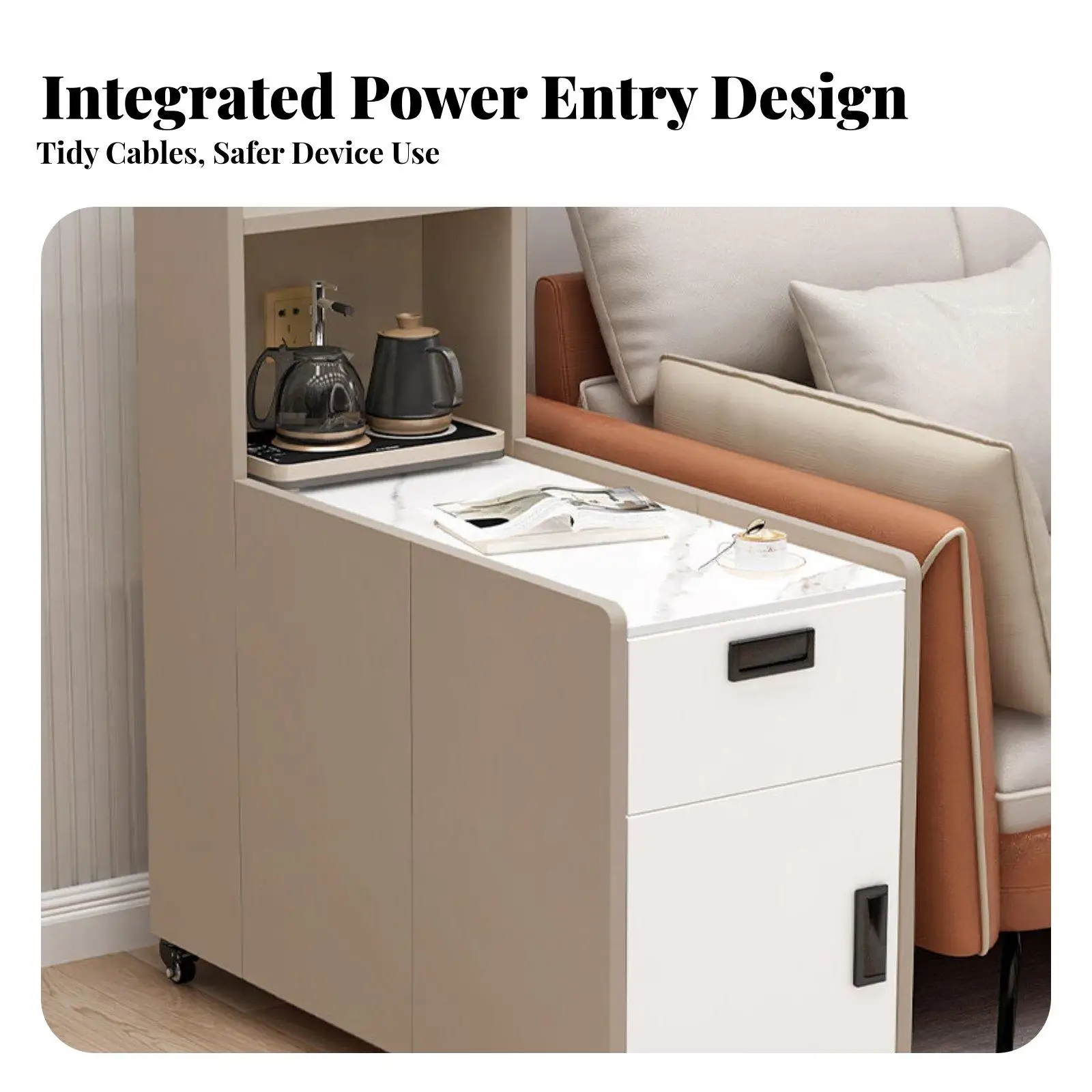 Rolling Sofa Trolley Rock Slab Countertop Wheeled Accent Table Movable with Locking Wheels Storage Cabinet for Adults, Living