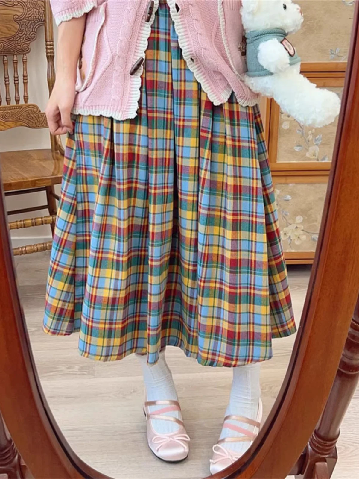 

Retro Rainbow Plaid A-Line Midi Skirt Women's Autumn Winter New Sle Small Size Cheered Umbrella Skirt Long Skirt Ins