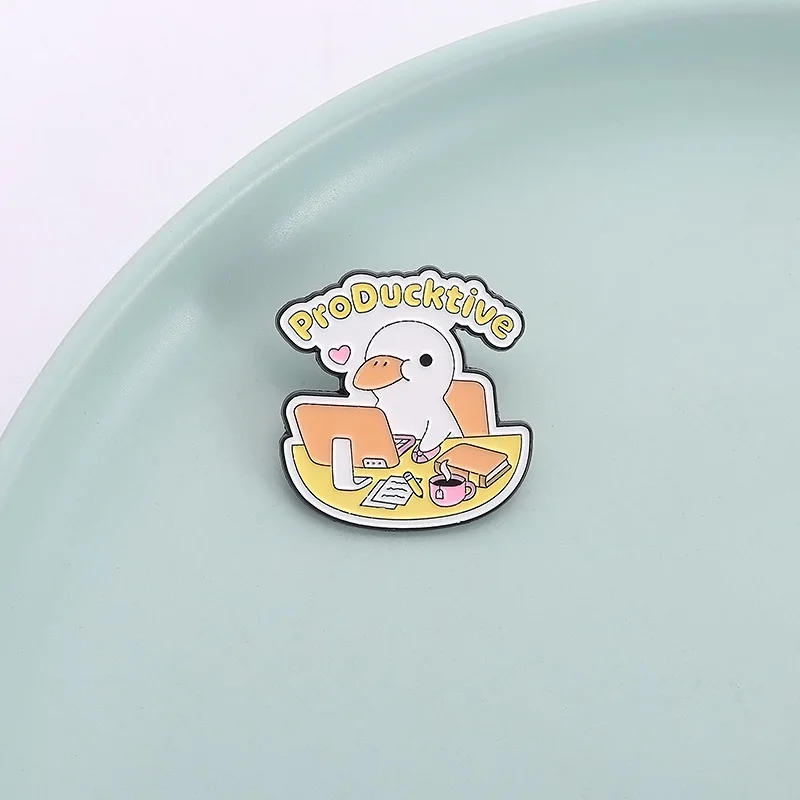 ProDucktive Working Duck Enamel Pin Cute Office Desk Laptop Coffee Brooch Funny Pun Lapel Badge Gift