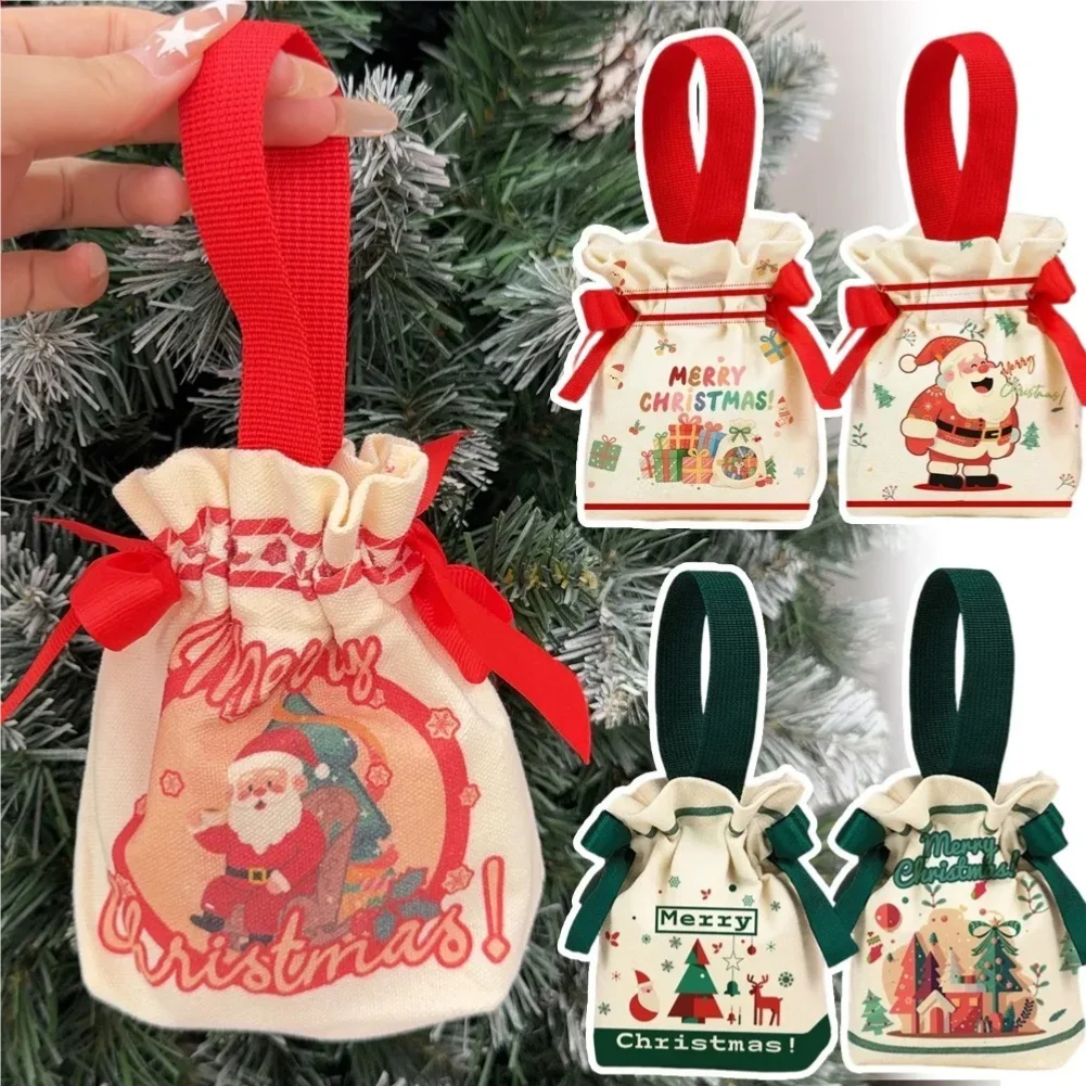 

Christmas Canvas Drawstring Bag Christmas Candy Gift Packaging Bag Cartoon Handbag for Apple DIY New Year Xmas Home Party Supply