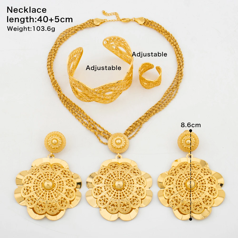 Dubai Gold Color Jewelry Set for Women Large Size Flower Pendant Necklace and Earrings Hollow Out Bangle Ring Set Bride African