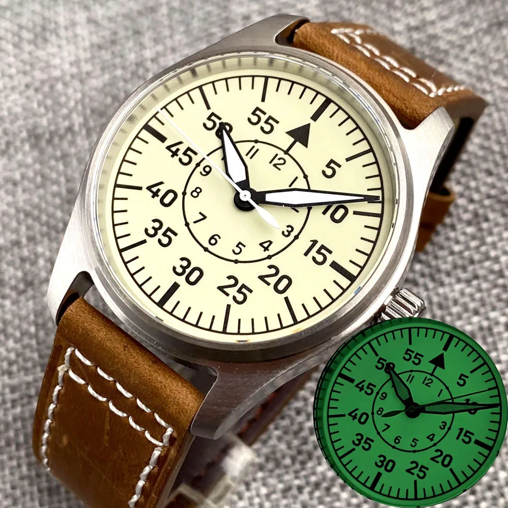 Reloj Mecánico de aviador para hombre, cronógrafo de estilo Vintage, NH35, movt, color blanco crema, esfera verde, Super Lume, Retro, regalo, 20bar