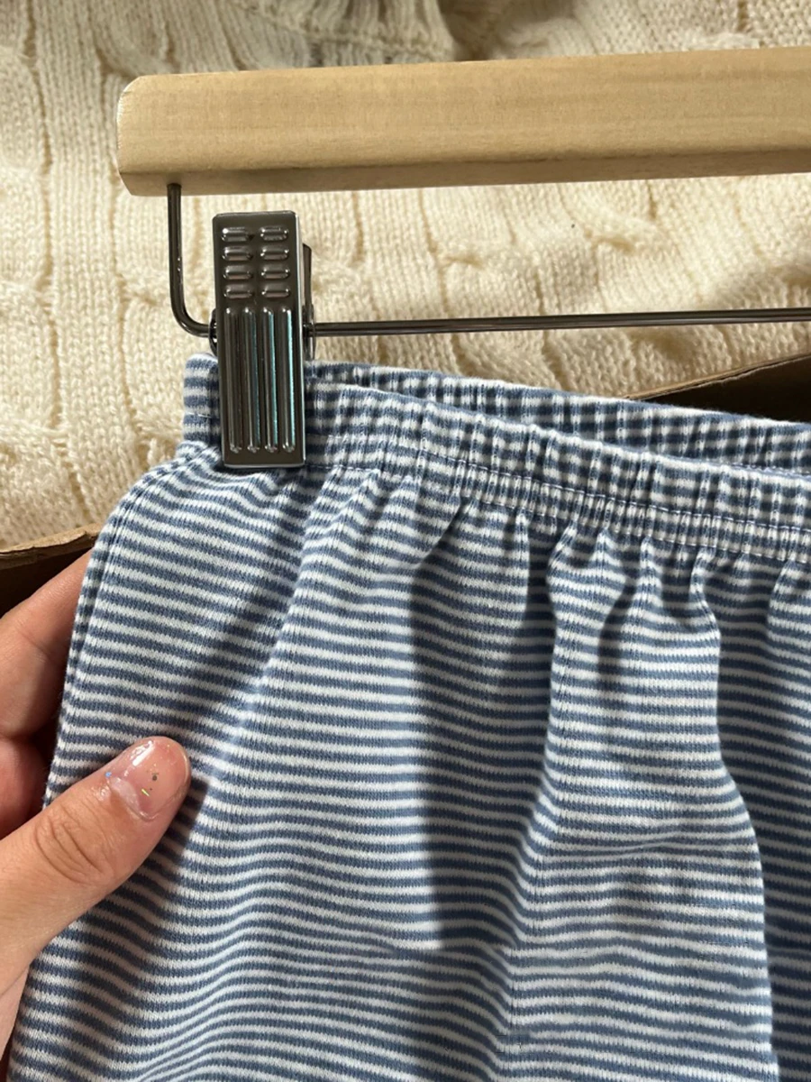 Blue Striped Vest Shorts Pajama Set Women Summer Slim Crop Top+Elastic Straight Sweatshorts Vintage Cotton Home 2 Piece Sets Y2k