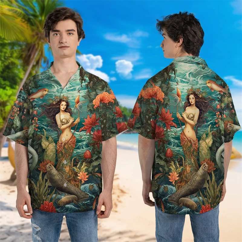 

Lovely Mermaid 3D Print Hawaiian Beach Shirts For Men Clothes Sexy Sea Maiden Short Sleeve Casual Women Blouses Button Aloha Top