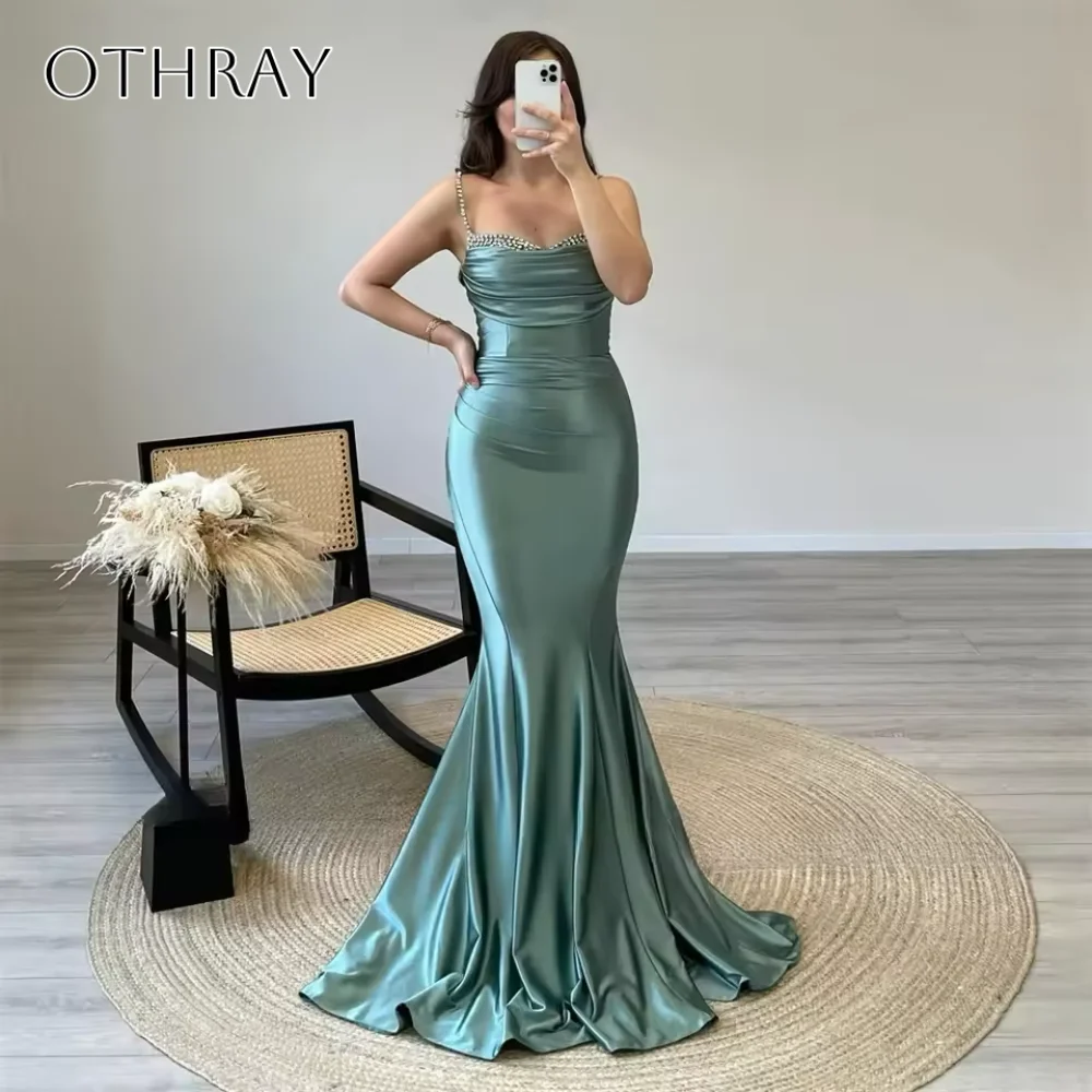 

Long Beaded Spaghetti Straps Sheath Evening Dresses Satin Sweep Train Customized Party Dress فساتين سهرات