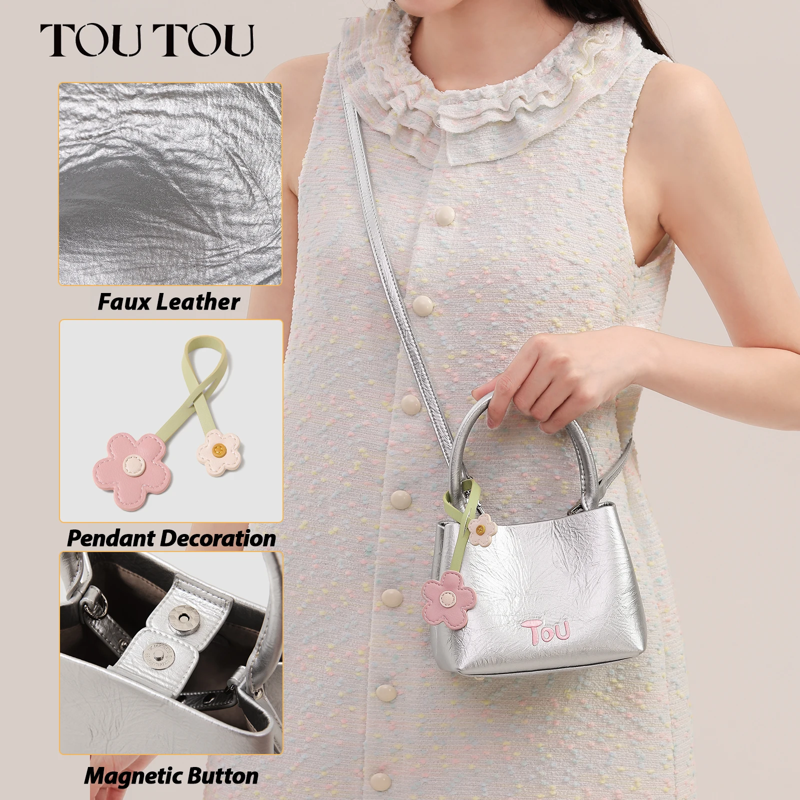 TOUTOU Women Handbag Flower Pendent Silver Vegetable Basket Cute Hand-held Bucket Bag High-end Shoulder Crossbody Bag for Women