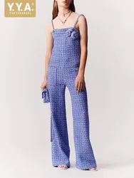 Designer Women Autumn Suspenders Jumpsuit Pearls Beading Strap Long Wide Leg Pants High Street One Piece Tweed Jumpsuits