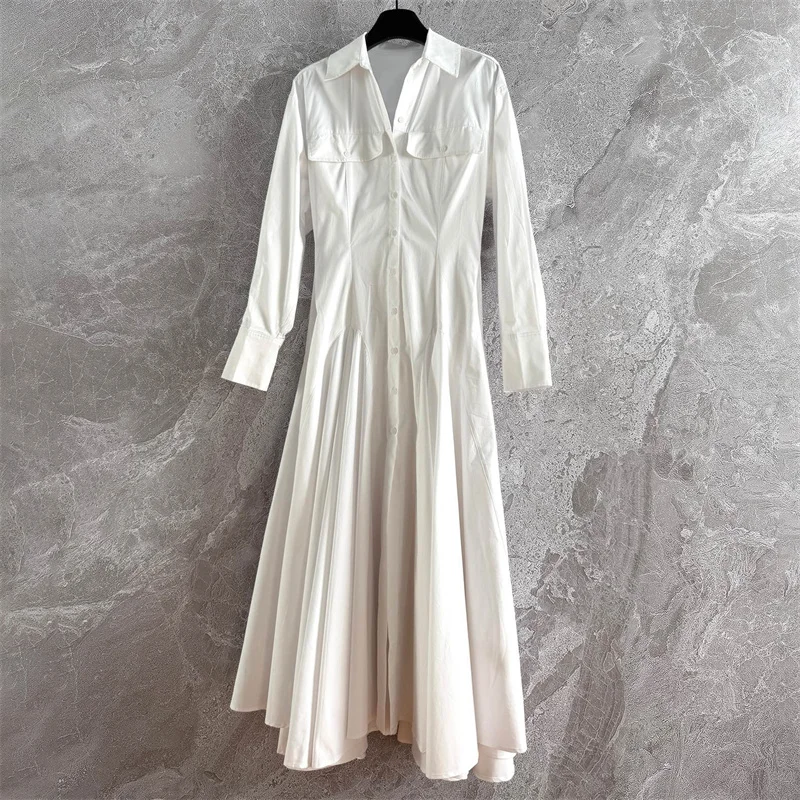 Vestidos femininos novo único breasted fino ajuste lapela vestido longo para o verão 2025 alta qualidade camisa de algodão puro vestido midi vestidos