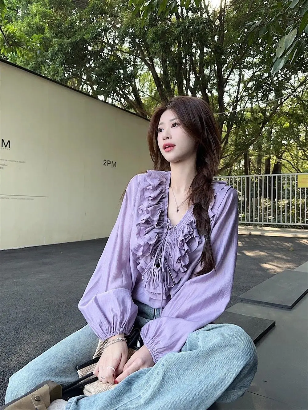 2026 Camisas De Mujer Blouses For Women V-neck Ruffles Drawstring Shirts Sweet Loose Solid Color Vintage Blouse Temperament Tops