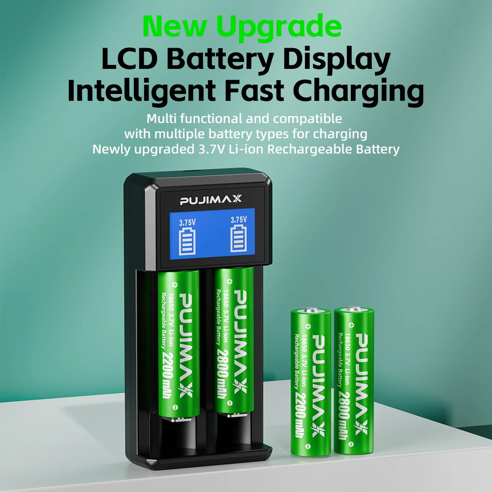PUJIMAX Multi-Function LCD Display Battery Charger for 18650 26650 21700 18350 AA AAA 3.7V/1.5V/1.2V Lithium NiMH Batteries