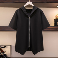 150Kg Plus Size Women's Summer Western Style Irregular Hooded Top Bust 149 Loose Short-Sleeved T-Shirt Black 5XL 6XL 7XL 8XL 9XL