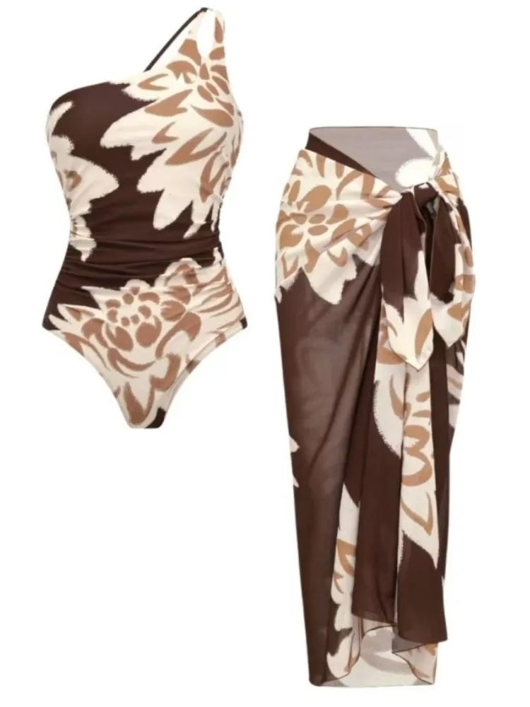 

Bikini Bodysuit Swimwear Women With Skirt Bathing Suit Summer New Ruffle Splice Print Beachwear Holiday Bikini Cover Ups Outfits