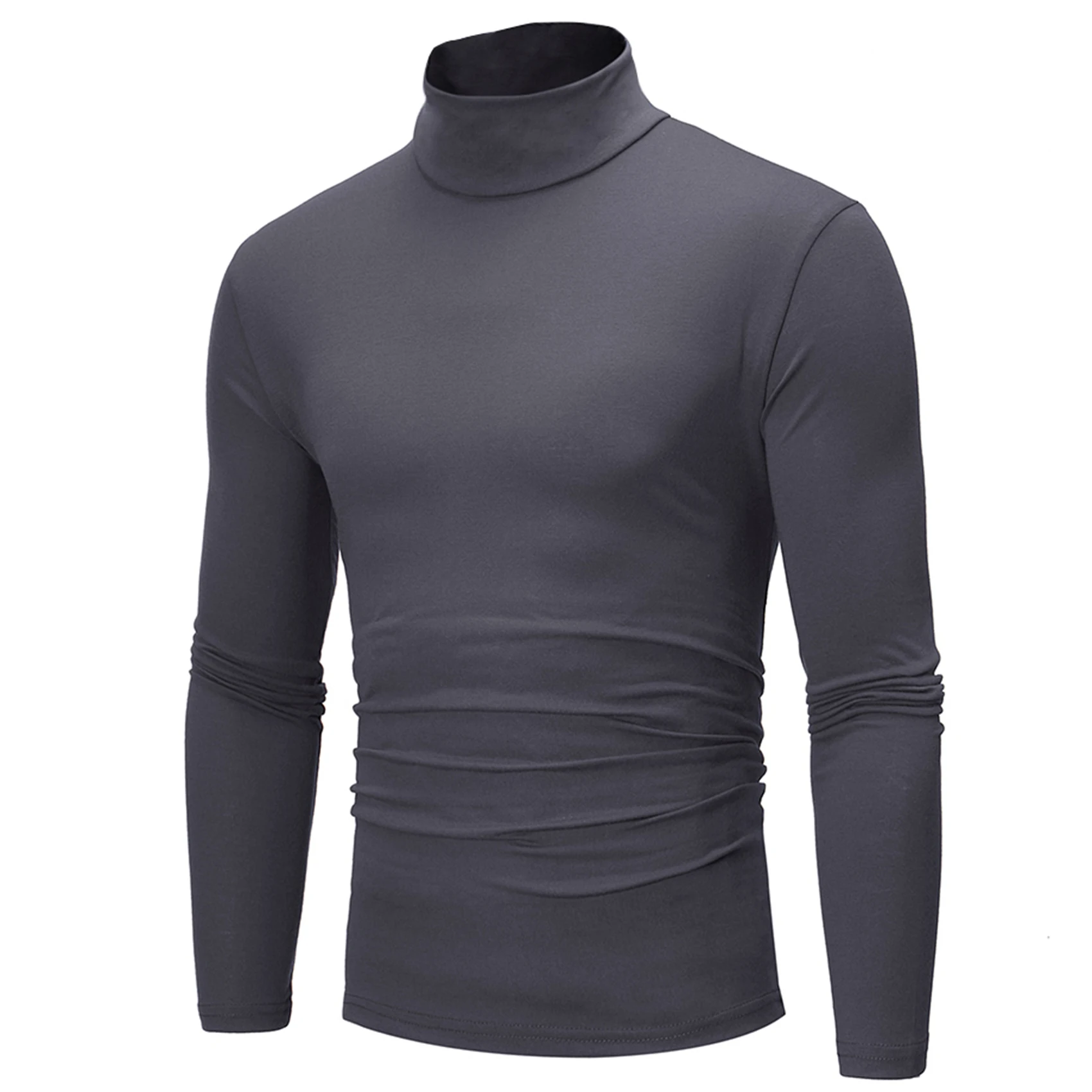 Fashion Men\'s Casual Slim Fit Basic Turtleneck High Collar Pullover Male Autumn Spring Thin Tops Basic Bottoming Plain T-shirt